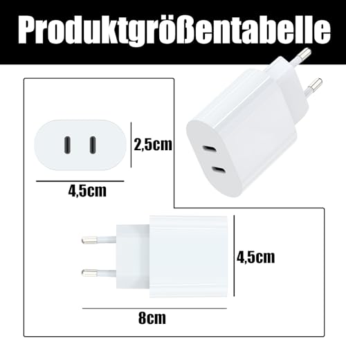 20 W USB C oplader, PD20 W oplader, USB C met 2 USB-C-aansluitingen, voeding voor iPhone 16/15/14/13 12 11 SE XS XR 8 7, wit - Afbeelding 3