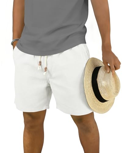 DOWMQ Mens Cotton Linen Shorts - 5 Inseam Casual Shorts with Drawstring Shorts for Summer Beach Vacation & Golf White L