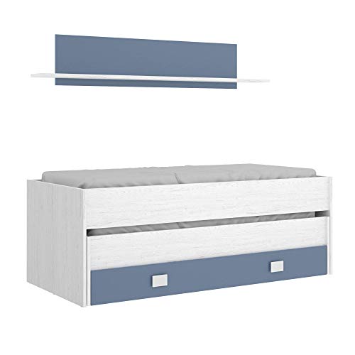 DEKIT GRUPO RIMOBEL Cama compacta con 2 Camas juvenil y cajón + estanteria, Madera, Artic+Aguamarina, Sencillo