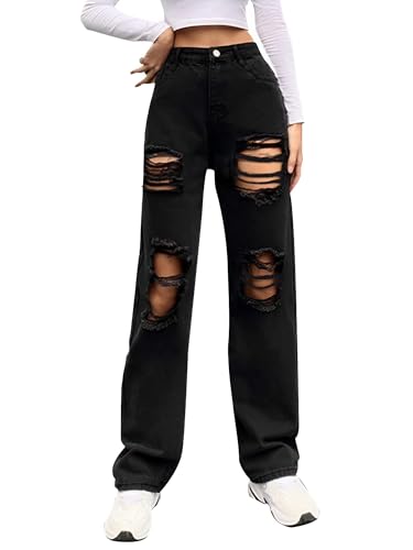 Genleck Women Loose Ripped Boyfriends Jeans High Waist Baggy Denim Pants Distressed Wide Leg Jeans Y2K