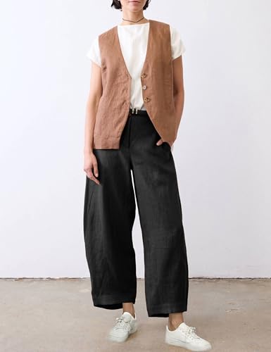 Athlisan Womens Linen Barrel Pants Casual Baggy Wide Leg Palazzo Trousers Summer Beach Capri Pants4