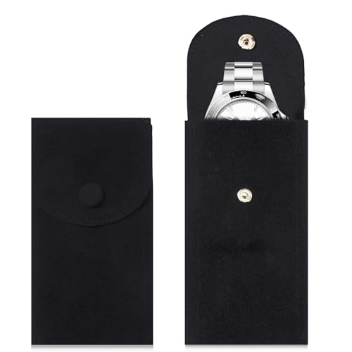 Eldraqth 2 Pcs Velvet Watch Pouch Portable Flannelette Watch Storage Bag Single Travel Pouch for Men and Women Storage Bag Luxury Gift Bags with Snap Button for Jewelry Organizer (Black)