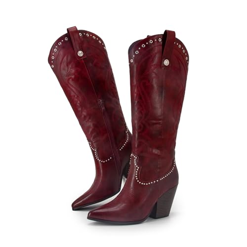 Knee High Western Boots For Women Embroidered Cowboy Boots Pointed Toe Chunky High Heel Wide Calf Shoes