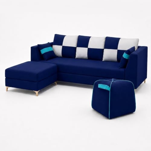 Image of FURNY Signature Cresta 5-Seater L-Shape Sofa Set with Movable Ottoman & Suri Pouf | Flexible LHS /RHS Layout | Boston Fabric | 40D Foam + Zigzag Spring | 3-Yr Warranty (Midnight Blue, Light Grey)