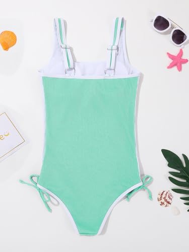 Image of Girls One Piece Swimsuits Ribbed Bathing Suit Teen Girls Adjustable Straps Drawstring Athletic Swimwear Swim Suit