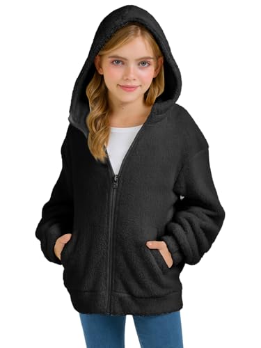 Girls Fuzzy Outerwear Jacket Kids Soft Oversized Jackets Zip up Hoodie Warm Sweatshirt with Pockets 5-14 years2