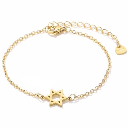 Chiorgone Star of David Hexagram Bracelet for Women - Gold Titanium Steel Chain Adjustable Spiritual Jewelry