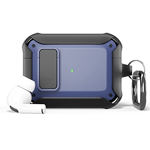 Airpods Pro ケース 自動ロックボタン付き 落下防止 TPU スキン 完全保護ケース 傷つきにくい キーチェーン付き Apple Airpods と互換性あり ブルー/ブラック
