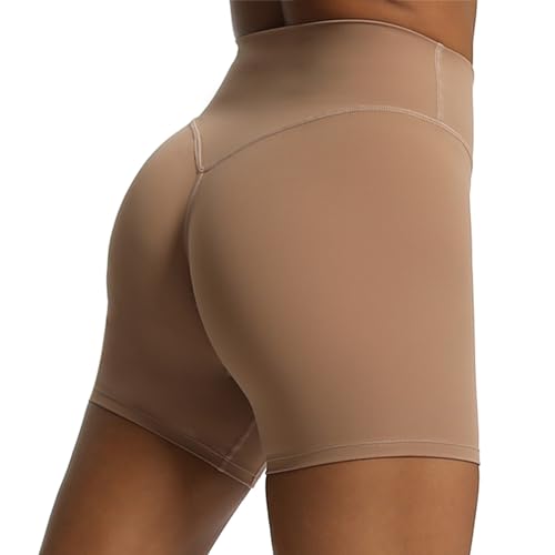 Aoxjox Metamorph Workout Biker Shorts for Women Tummy Control High Waisted Athletic Gym Running Deep V Yoga Shorts 6", Brownie, XXS
