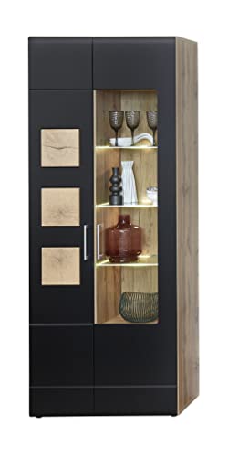 Stella Trading SONATE - Vitrina en Aspecto de Madera de Roble Envejecido, Color Negro, Moderna Vitrina con Puertas e iluminación led, 80 x 208 x 37 cm (Ancho x Alto x Profundo)