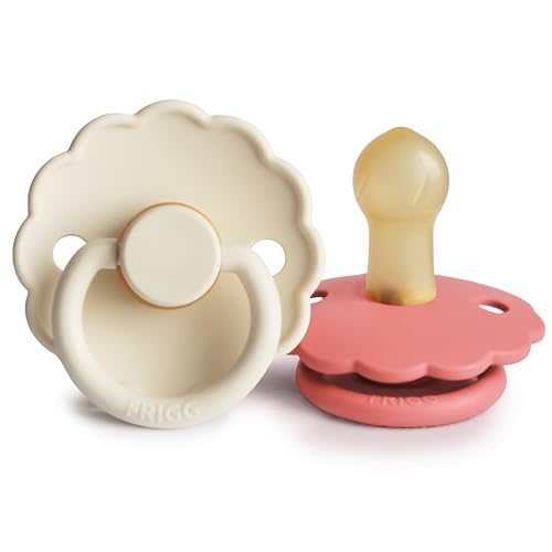 Image of FRIGG Daisy Natural Rubber Baby Pacifier | Made in Denmark | BPA-Free (Cream /Poppy, Size 1) 2-Pack