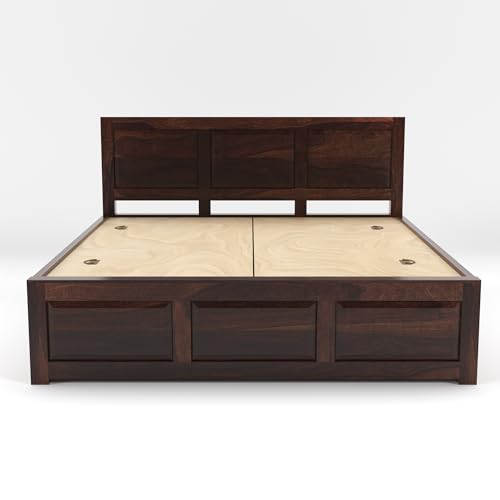 Image of Sheesham Wood King Size Bed with Storage Box | Wooden Box Bed King Size Double Cot Bed with Storage for Bedroom | Premium 3 Dalla Design Headboard Bed for Hotel, Home | Walnut Finish