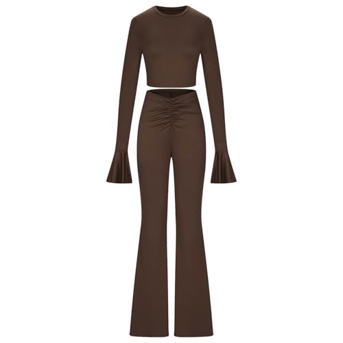 Women's 2 Piece Trendy Outfits Ruffle Long Sleeve Crew Neck Crop Tops Ruched Straight Leg Pants Matching Lounge Sets Coffee