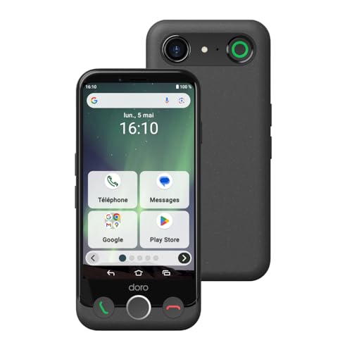 Doro - Smartphone Aurora A10 - Téléphone Portable Senior - Facile à Utiliser - Touche d'Assistance avec Localisation GPS - Compatible Appareils Auditifs - Câble USB...
