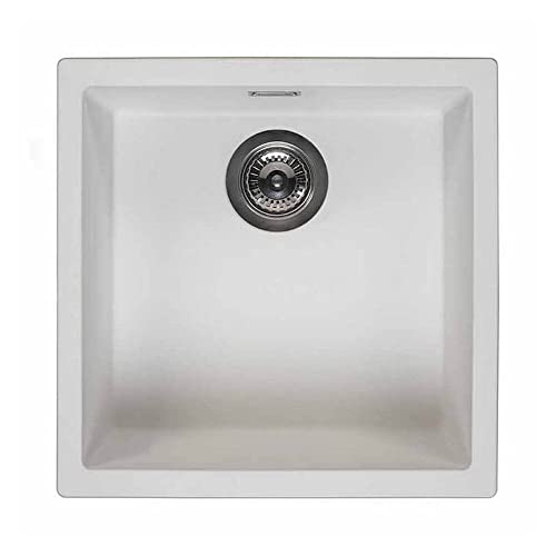 Reginox Amsterdam 40 PW Single Bowl Integrated Regi-Granite Metal Kitchen Sink, Heavy-Duty Un Polished Inset and Undermount Sinks with Overflow Drain, Waste Kit, Clips and Seals, Pure White
