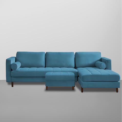 Image of Lezra RHS 4 Seater L Shape Sofa Set with Center Table for Living Room (Turquise Fabric) Premium Fabric Sofa