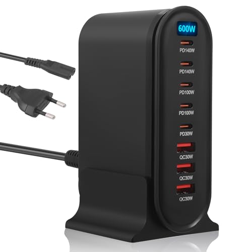 600W Caricatore USB Multiplo, 8 Porte Caricabatterie di ricarica rapida compatibile, caricatore multiplo usb c PD PPS 140W Stazione di Ricarica Veloce con 5 -C e 3 -A per Laptop Telefono Cellulare