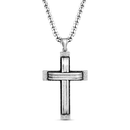 Steve Madden Oxidized Stainless Steel Cross Necklace for Men 24 Inch Curb Chain