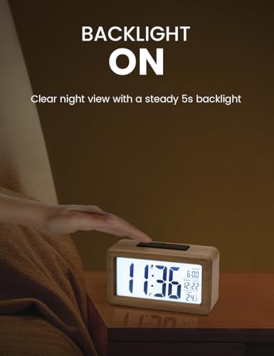 Digital Alarm Clock, Wooden Bedside Clock with Large LCD Backlit Display, Temperature, Snooze Function, Brightness Sensor, 3 AAA Battery Operated【Battery NOT Included】