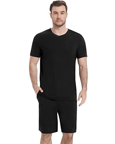Image of NACHILA Pajamas for Men Pj Short Sleeve Sleepwear with Shorts V Neck Loungewear Cool Pajama,Viscose Made from Bamboo