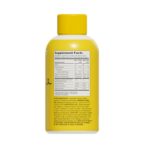 Image of Beekeeper's Naturals Honey Cough Syrup for Kids, Elderberry, Daytime, 4oz | Immune Support with Elderberry, Vitamin C, Vitamin D & Raw Honey, Throat Soothing, Gluten Free & Clean Ingredients