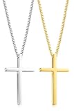 Romass 2 collares de cruz para hombres y niños, colgante de acero inoxidable, cadena de cruz, plata, negro, dorado, caja de regalo, 16-30 pulgadas, 18 in, Acero inoxidable, Sin piedra preciosa