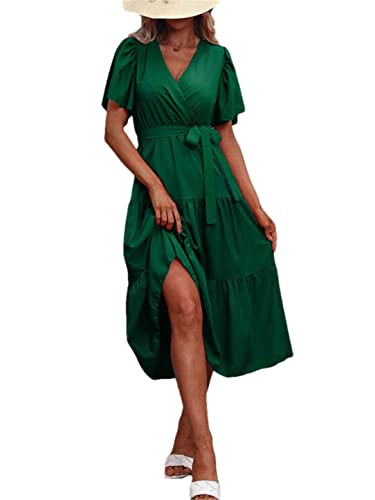 Robe longue d'été fluide col V robe décontractée unie manches courtes