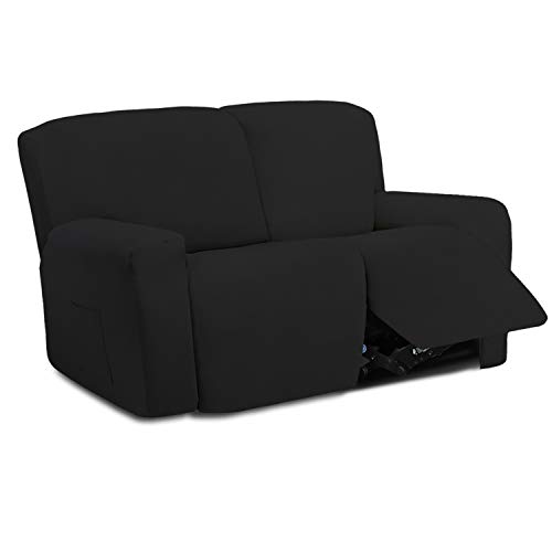 Easy-Going 6 Pieces Microfiber Stretch Sectional Recliner Sofa Slipcover Soft Fitted Fleece 2 Seats Couch Cover Washable Furniture Protector with Elasticity for Kids(Recliner Loveseat, Black