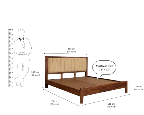 Image of Sheesham Wood Modern Platform Bed with Upholstered Head Board, Solid Wood in Natural Finish, Modern Design | King Size - (78 inchx72 inch) | Without Mattress & Side Tables | Low Highted