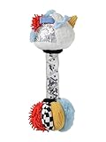 Une extrémité conique composé de fausse fourrure bleu très douce, tissu holographique, tissu sherpa blanc et de polyester avec motifs noir et blanc graphiques et de velours côtelé blanc, des activités ludiques et variées pour stimuler la vue et le toucher,. sur cette partie supérieurs, des détails : des rubans en coton orange et bleu, un demi cercle volant en microfibre rouge, amusante à toucher 1 triangle volant en velours côtelé.