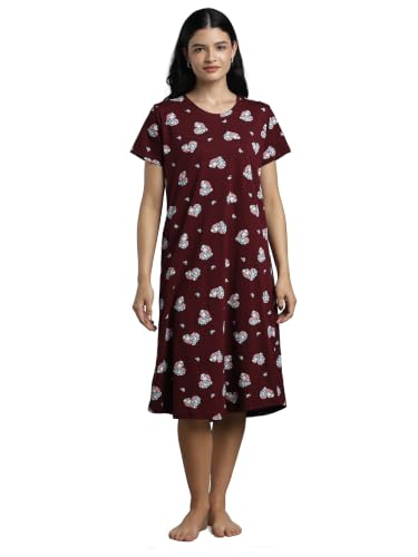 Image of 9shines Label Hosiery Cotton Knee Length Short Night Dress | Short Nighty for Women with Pocket | Graphic Print Nightwear | Night Gown for Women (M-7XL)