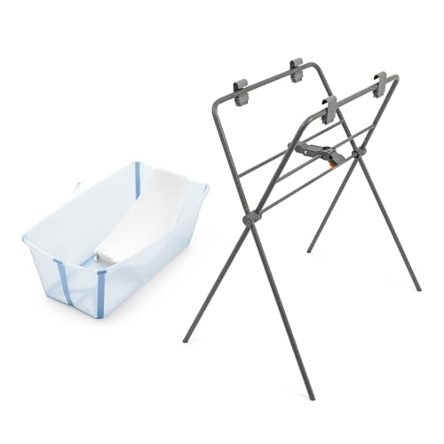 Bañera Flexi Bath de Stokke (Ocean Blue) + Soporte para recién nacido + Soporte para Bañera Flexi Bath - Ideal para niños hasta los 48 meses - Plegable, Duradera y Fácil de guardar