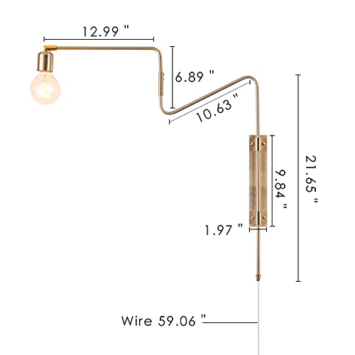 Image of Brass Plug in Wall Sconce Set of 2, Modern Swing Arms Plug-in Bedroom Living Room Wall Lamp Industrial Adjustable Wall Sconces Lighting