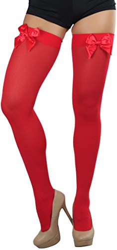 Image of ToBeInStyle Women's Opaque Long Thigh High Stockings w /Decorative Front Satin Bow