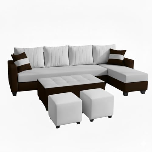 Image of FURNY Avenue 8 Seater Fabric RHS L Shape Sofa Set with 1 Centre Table & 2 Puffy (Light Grey-Dark Brown) Premium Velvet Finish