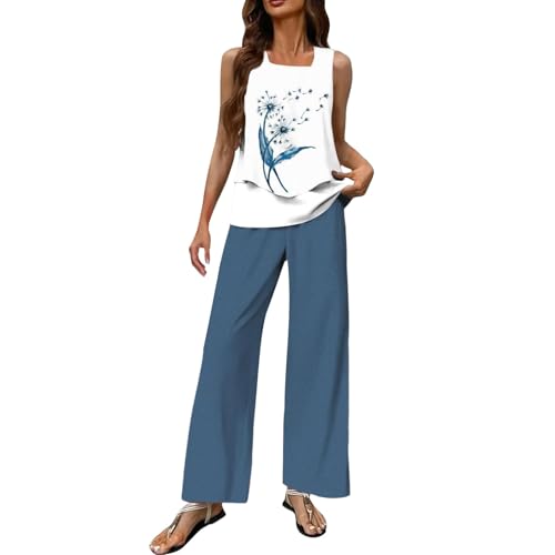 2025 Nuovo Tuta Estiva Donna Elegante Curvy Completo Due Pezzi Set Canotta e Pantaloni Completa Gamba Larga Taglie Forti Tute Complete Casual Comoda Tinta Unita Completi Estivi Eleganti Estive Moda