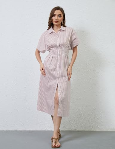 Image of MISSACTIVER Button Front Pleated Shirt Dress for Women Summer Striped Short Sleeve Lapel V Neck Corset Maxi Dress