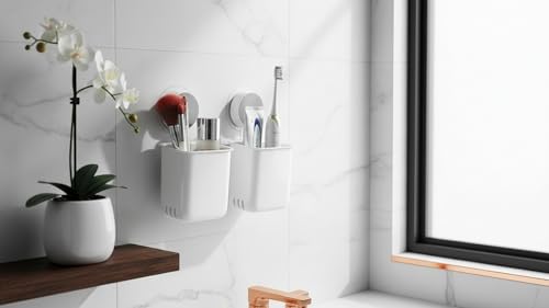 Image of Wall-Mounted Tooth Brush Holder Bathroom - Self-Adhesive Bathroom Organiser Without Drill for Toothbrushes, Toothpaste and Makeup Brushes - Plastic Brush Holder for Bathroom (2, Whitee)