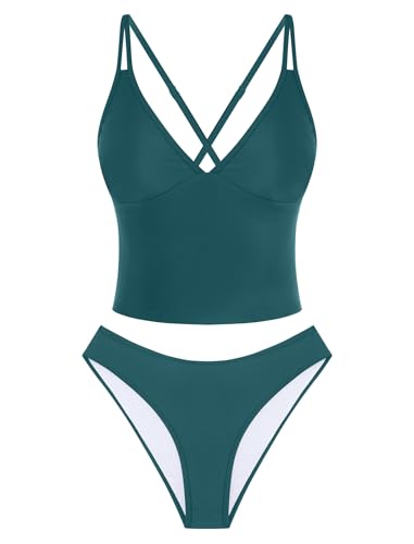 Image of ZAFUL Tankini Swimsuits for Women V Neck Dual Straps Cropped Bikini Swimsuit High Cut 2 Pieces Bathing Suit