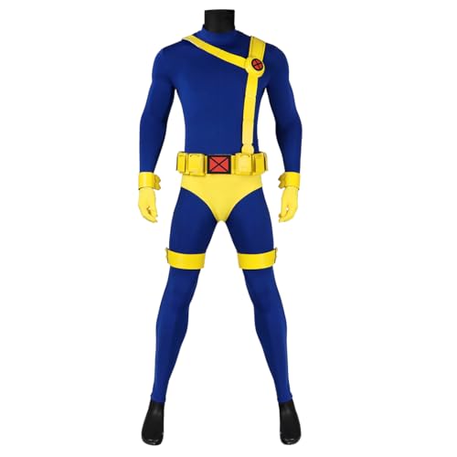 COSLANDERS Mens Scott Summers Costume Outfit Mens Cyclops Costume Halloween Scott Summers Costume Jumpsuit (FULL SET, M)