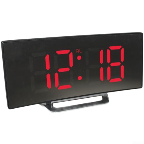 Reloj despertador electrónico silencioso con gran pantalla LED curvada, lectura de temperatura, modos de alarma ajustables, día de semana, fin de semana, USB o batería (rojo)