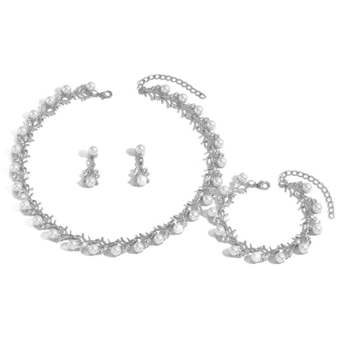 XFSRG Conjunto de Joyas Vintage de 3 Piezas con Perlas Collar Pendientes y Pulsera con Strass Ajustable Ligero para Bodas Noches y Looks Elegantes (Plata)