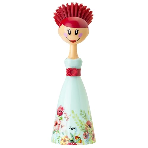 Vigar Dolls Dish Brush with Ergonomic Handle and Dres-shaped Storage Holder - Scrub Brush for Pans, Pots, Kitchen Sink Cleaning, Blue/Pink