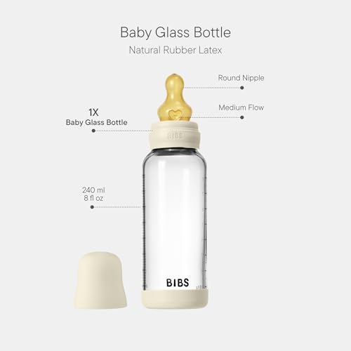 Image of BIBS Baby Glass Bottle. 240ml. Anti-Colic. Vented Round Natural Rubber Latex Nipple. Supports Natural Breastfeeding, Medium Flow, Complete Set - 240 ml, Ivory