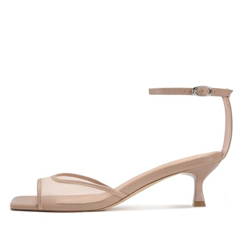 Image of ISNOM Women's Mesh Square Toe Kitten Heel Sandals Ankle Strap Dress Shoes | Kitten Heels with Mesh Upper, Square Toe, Low Heels Comfort Design, Stylish Dress Sandals for Daily Wear