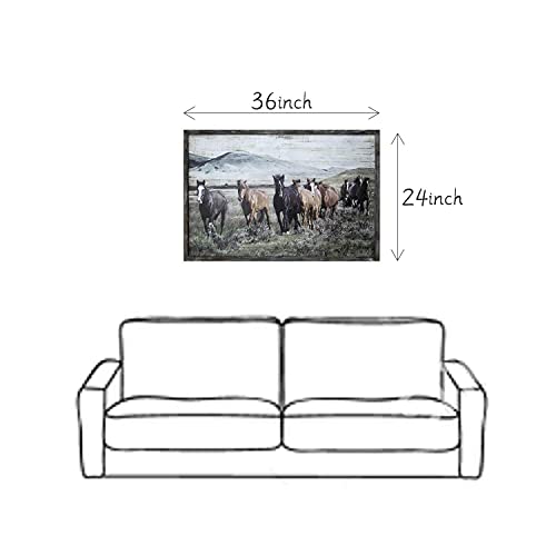 Sd Soft Dance Wild Horses Wall Art Print - Animals Walking In Nature Wooden Picture With Rustic Wood Frame For Living Room & Office Decor 36’’X24’’ #TOP5