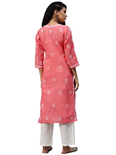 Image of Ada Women's Cotton Straight Fit Straight Hand Embroidered Lucknowi Chikankari Kurta Kurti A411165