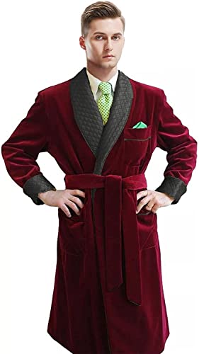 SOCOOL Men's Long Smoking Jacket with Belt Velvet Smoking Robe Shawl Lapel Quilted Dressing Gown