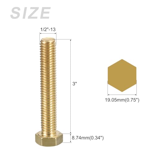 Image of METALLIXITY Hex Head Screw Bolt (1 /2-13x3) 1Pcs, Brass Fully Threaded Solid Brass Hex Bolts Machine Screws - for Machinery Repair
