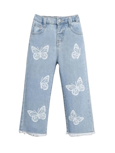 WDIRARA Girls' Butterfly Print Jeans Baggy Denim Pants Elastic Waist Raw Hem Trousers